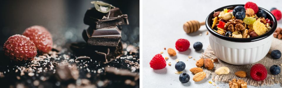 Berries with dark chocolate and granola bowl