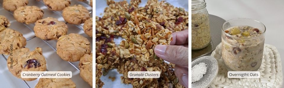 Food using rolled oats that is oatmeal cookies, granola and overnight oats.