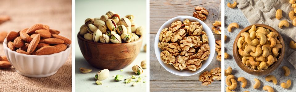Images of almonds, pistachios, walnuts and cashew nuts