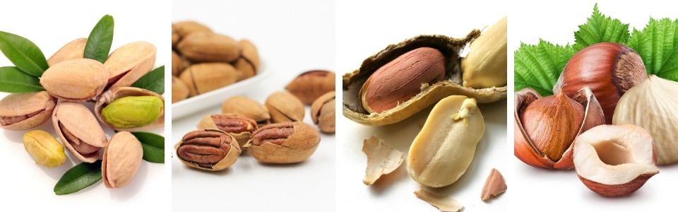 Pistachios, pecans, peanuts, hazelnuts