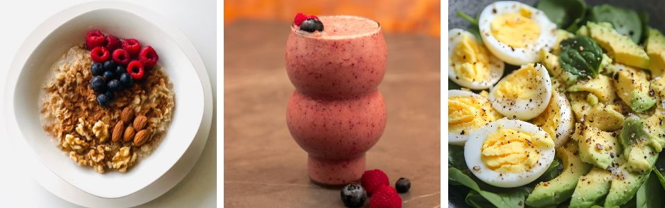 Oatmeal, smoothie and salad with flaxmeal